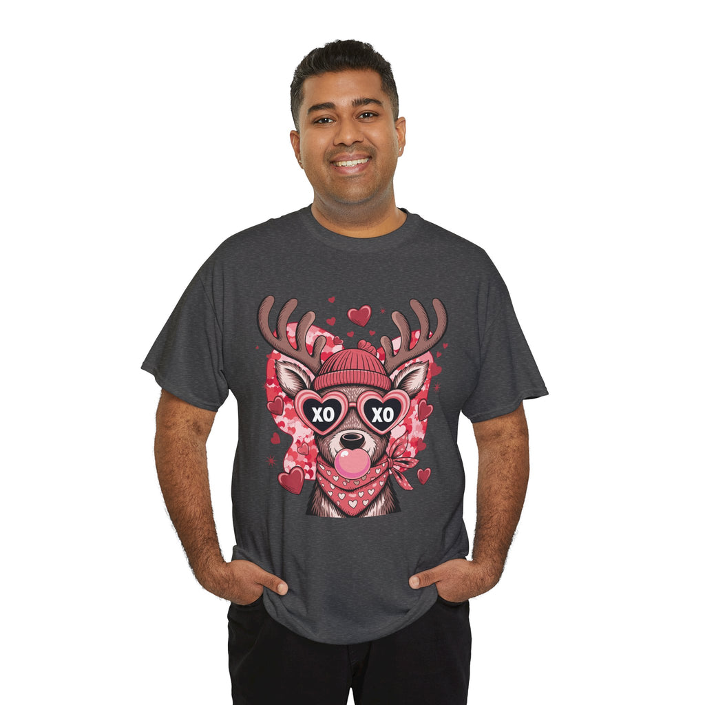 Valentine Deer Tee — Cute XO Heart Glasses, Beanie & Scarf Unisex Cotton Tshirt
