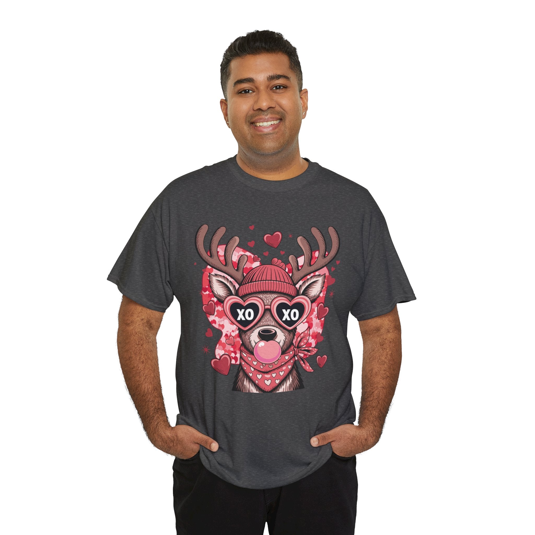 Valentine Deer Tee — Cute XO Heart Glasses, Beanie & Scarf Unisex Cotton Tshirt