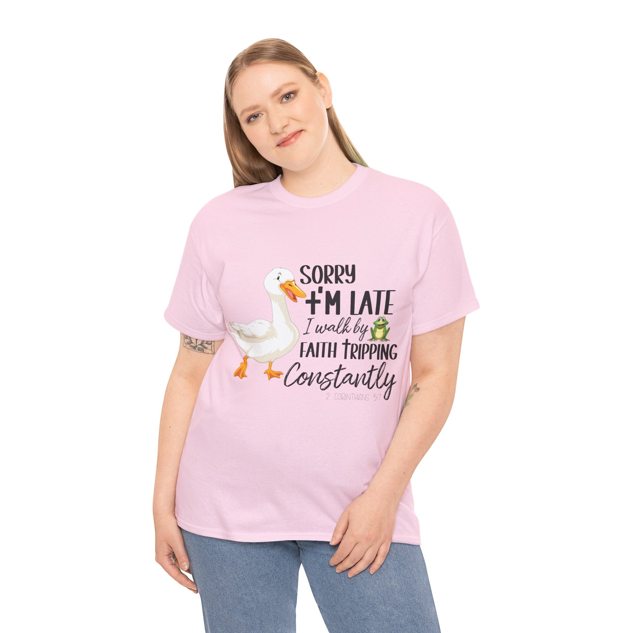 Christian Humor T-Shirt — “Sorry I’m Late, I Walk by Faith Tripping Constantly” (Duck & Frog). Unisex Cotton Tee