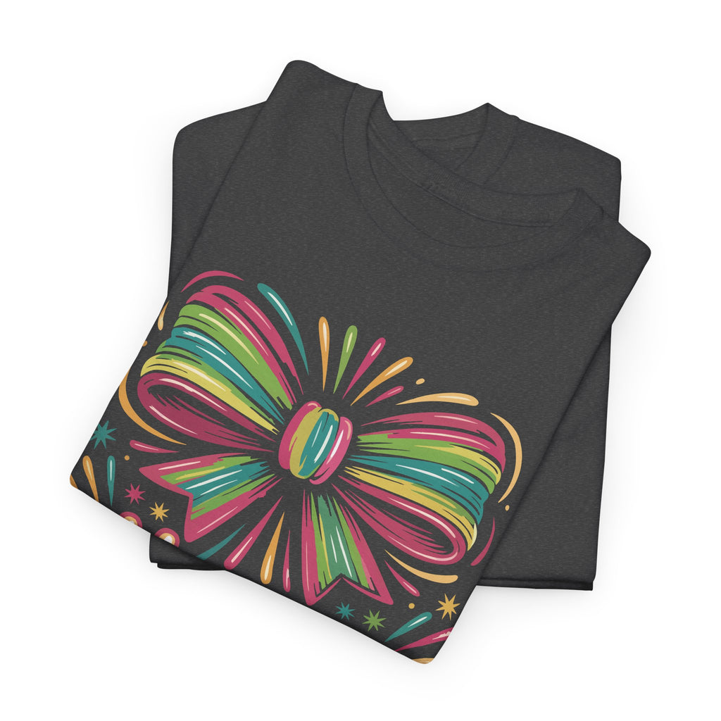 Happy New Year Pastel Tee — Rainbow Bow & Fireworks Celebration Unisex Cotton Tshirt