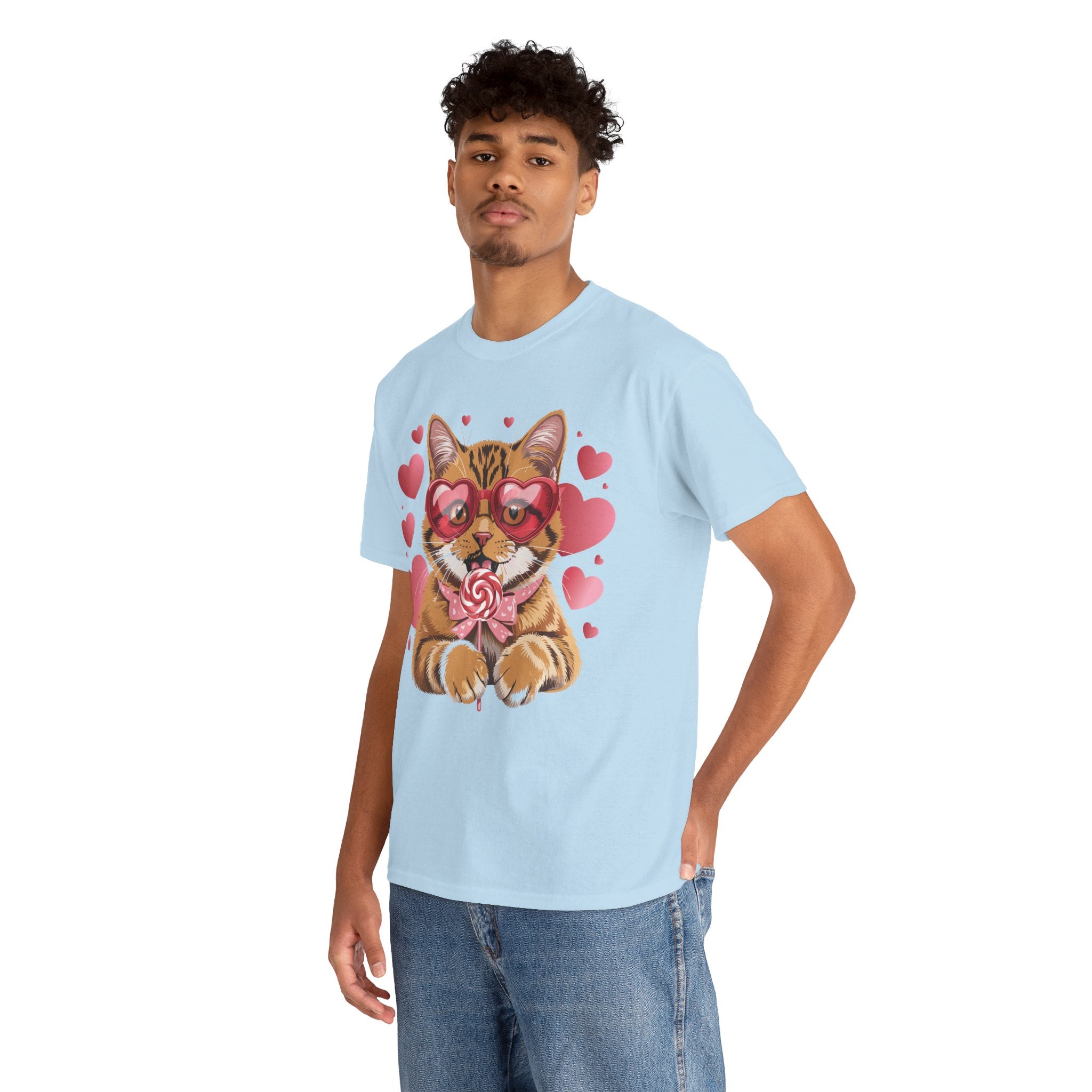 Valentine Cat Tee — Heart Glasses, Lollipop Bow Unisex Cotton Tee