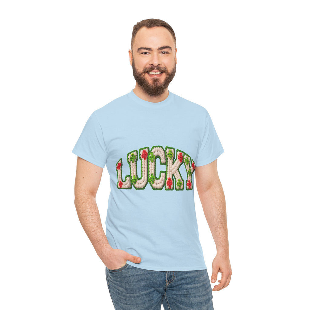 Lucky Crochet Clover T-Shirt — Faux-Yarn Embroidered St. Patrick’s Unisex Cotton Tee