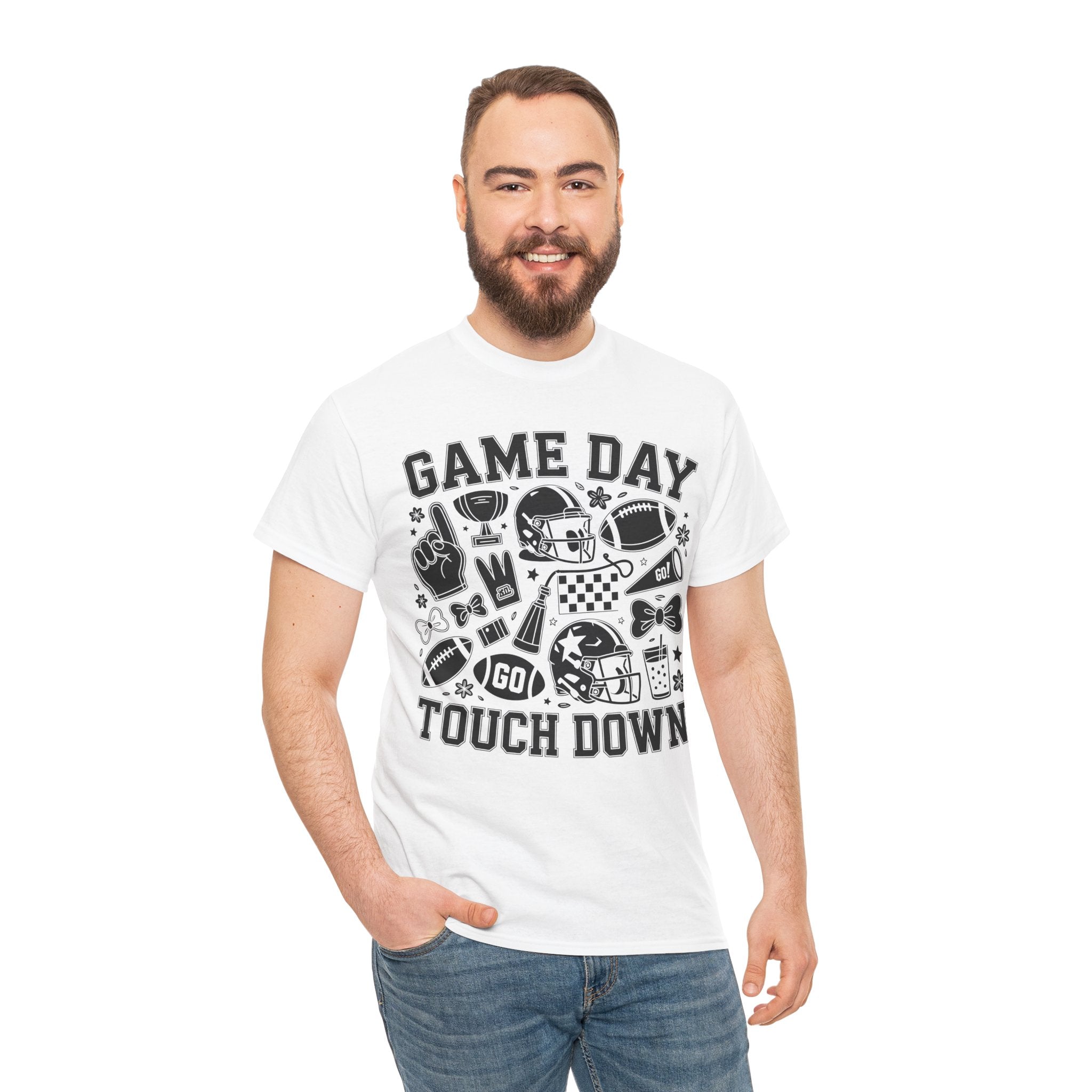 Game Day Touch Down Football T‑Shirt — Helmet & Cheer Monochrome Design Unisex Cotton Tee