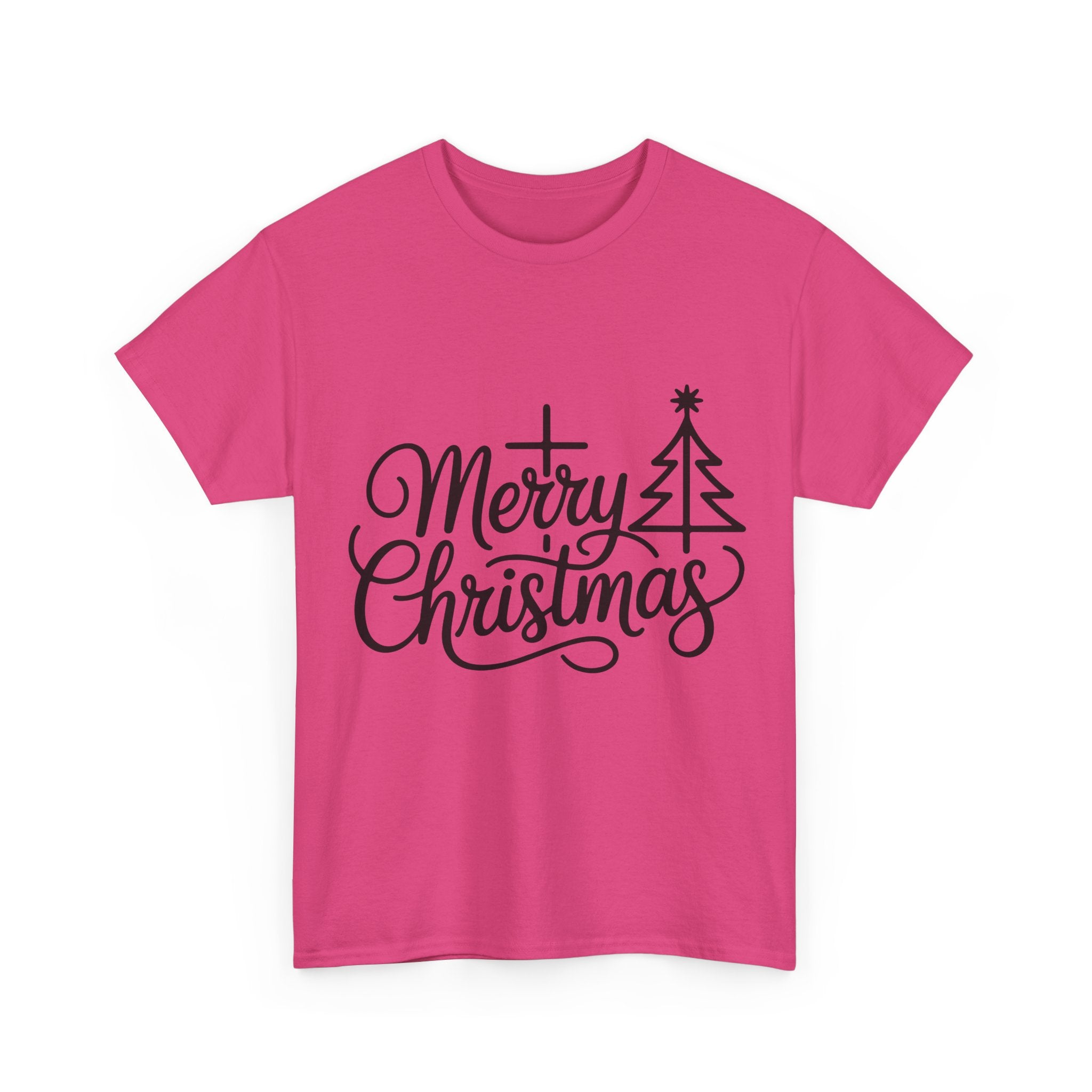 Merry Christmas Script T-Shirt with Cross & Tree(Unisex Cotton Tee)