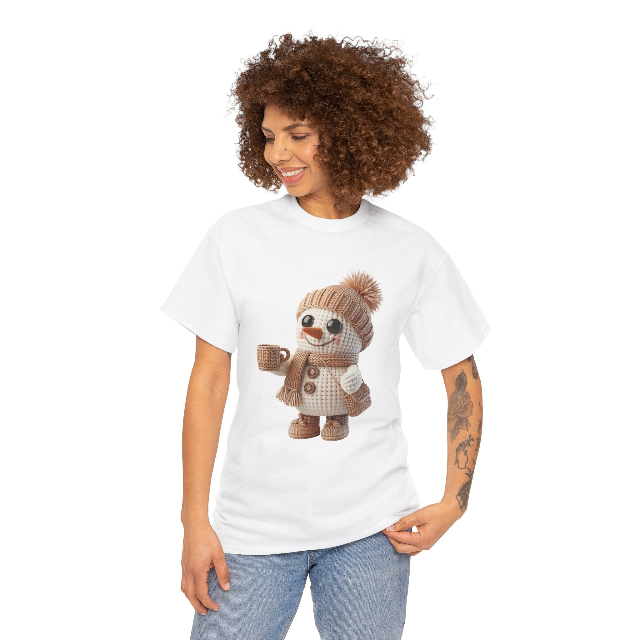 Cozy Snowman Tee — Smiling Snowman with Mug, Scarf & Beanie. Unisex Cotton Tee