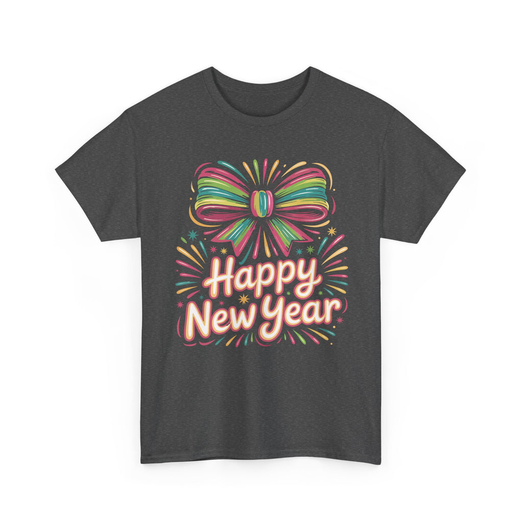 Happy New Year Pastel Tee — Rainbow Bow & Fireworks Celebration Unisex Cotton Tshirt