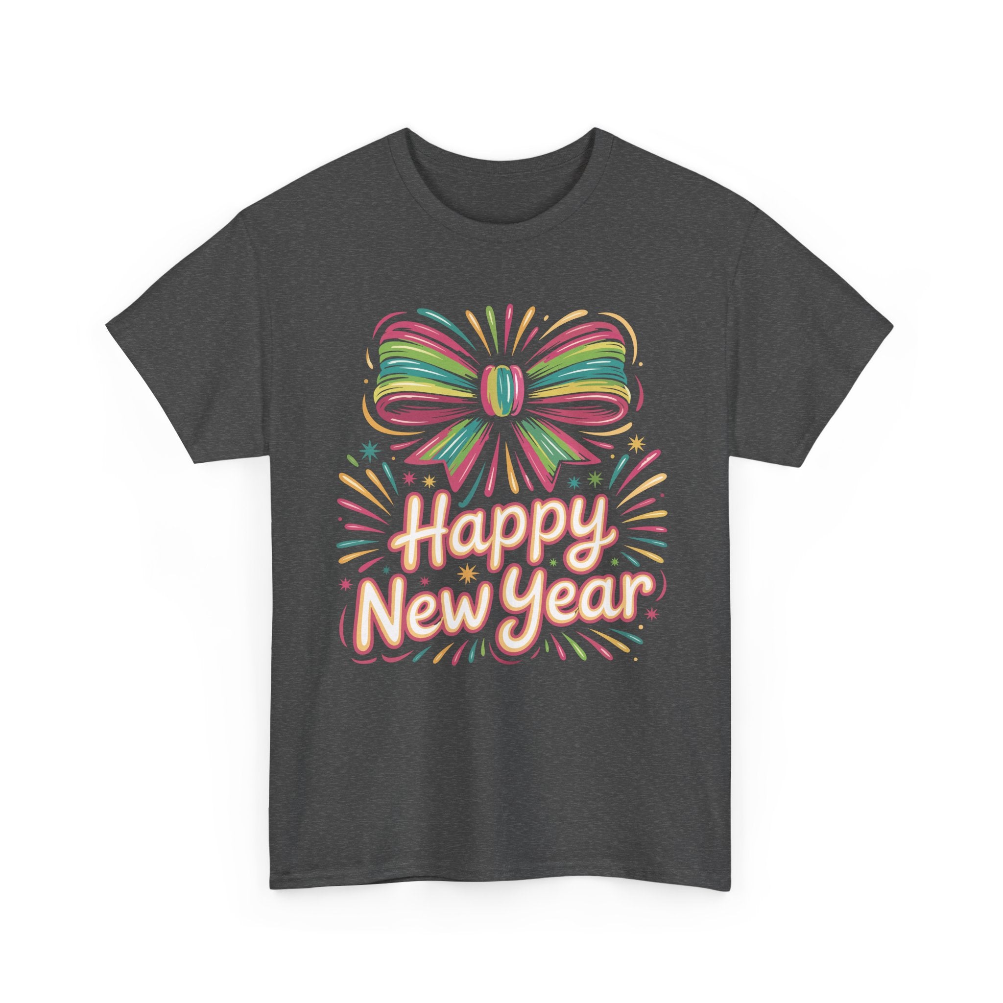 Happy New Year Pastel Tee — Rainbow Bow & Fireworks Celebration Unisex Cotton Tshirt