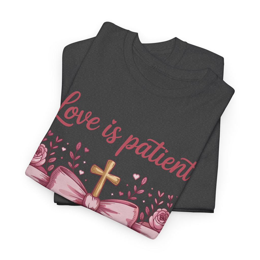 Christian Floral Tee — "Love is Patient, Love is Kind" Pink Rose Cross. Unisex Cotton Tee