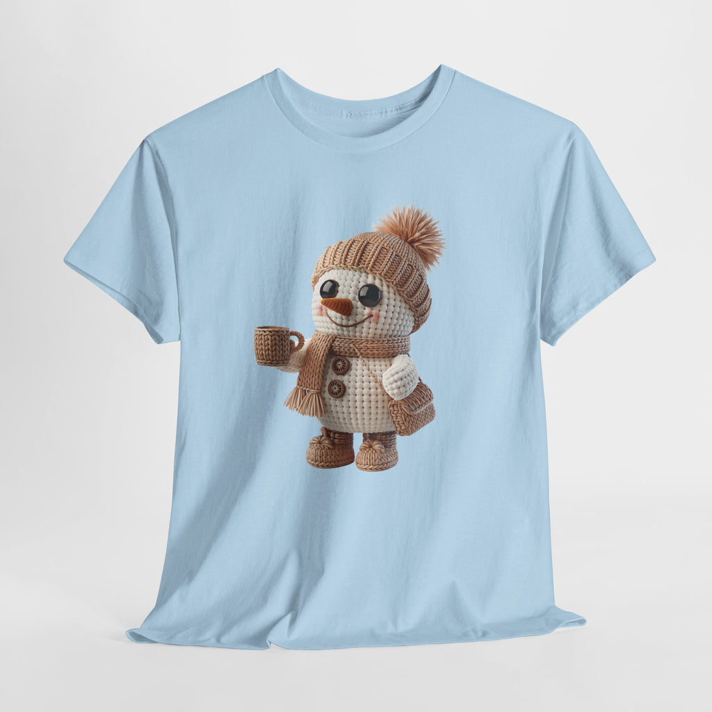 Cozy Snowman Tee — Smiling Snowman with Mug, Scarf & Beanie. Unisex Cotton Tee