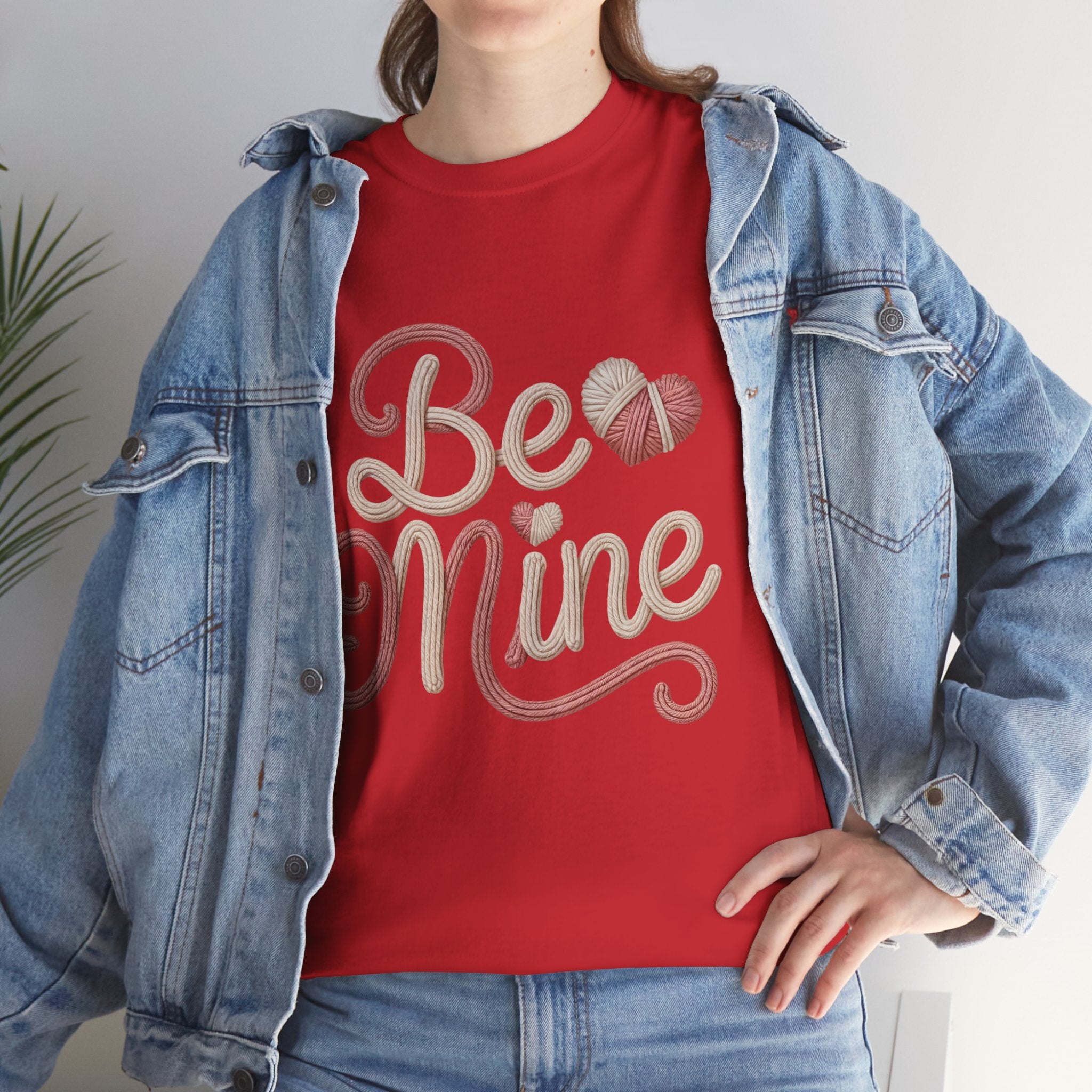 Be Mine Yarn Heart T-Shirt — Valentine’s Faux-Yarn Pink & Cream Unisex Cotton Tee