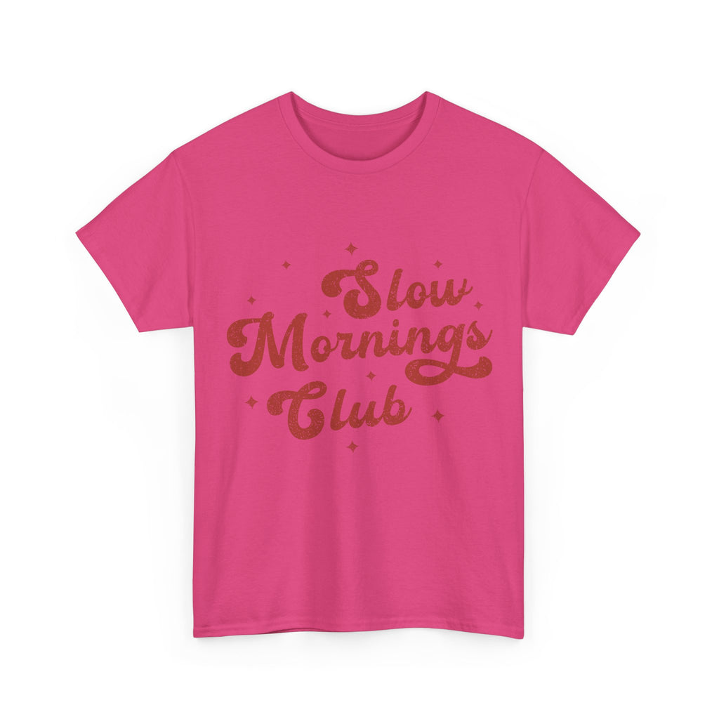 Slow Mornings Club T-Shirt — Retro Red Sparkle Unisex Cotton Tee