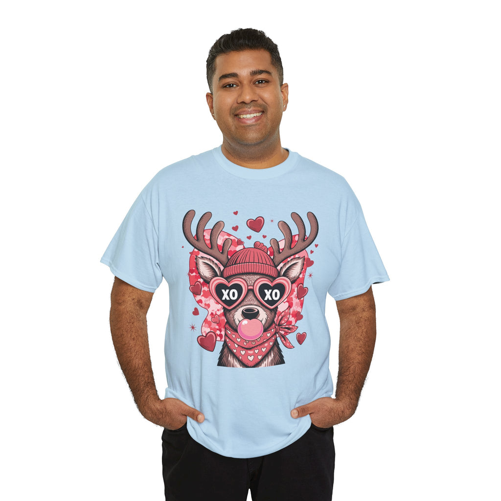 Valentine Deer Tee — Cute XO Heart Glasses, Beanie & Scarf Unisex Cotton Tshirt