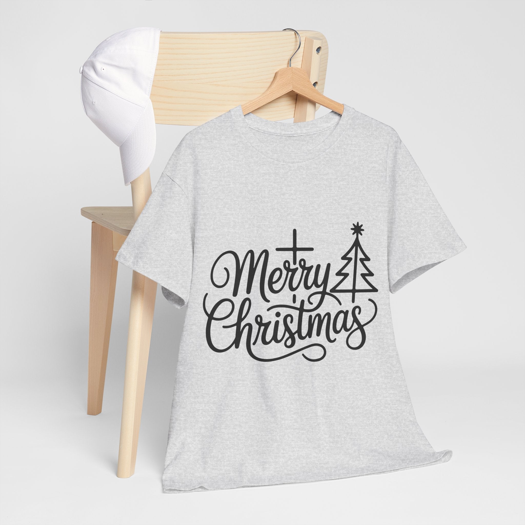Merry Christmas Script T-Shirt with Cross & Tree(Unisex Cotton Tee)