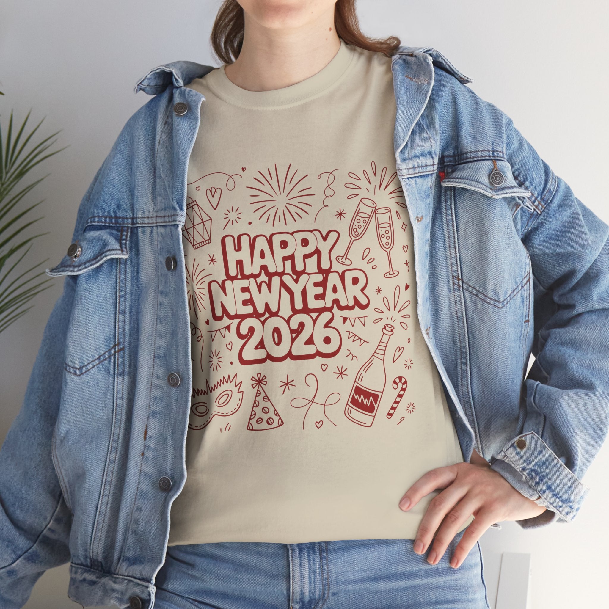 Happy New Year 2026 Doodle T-Shirt — Pink Party Icons & Champagne Unisex Cotton Tee