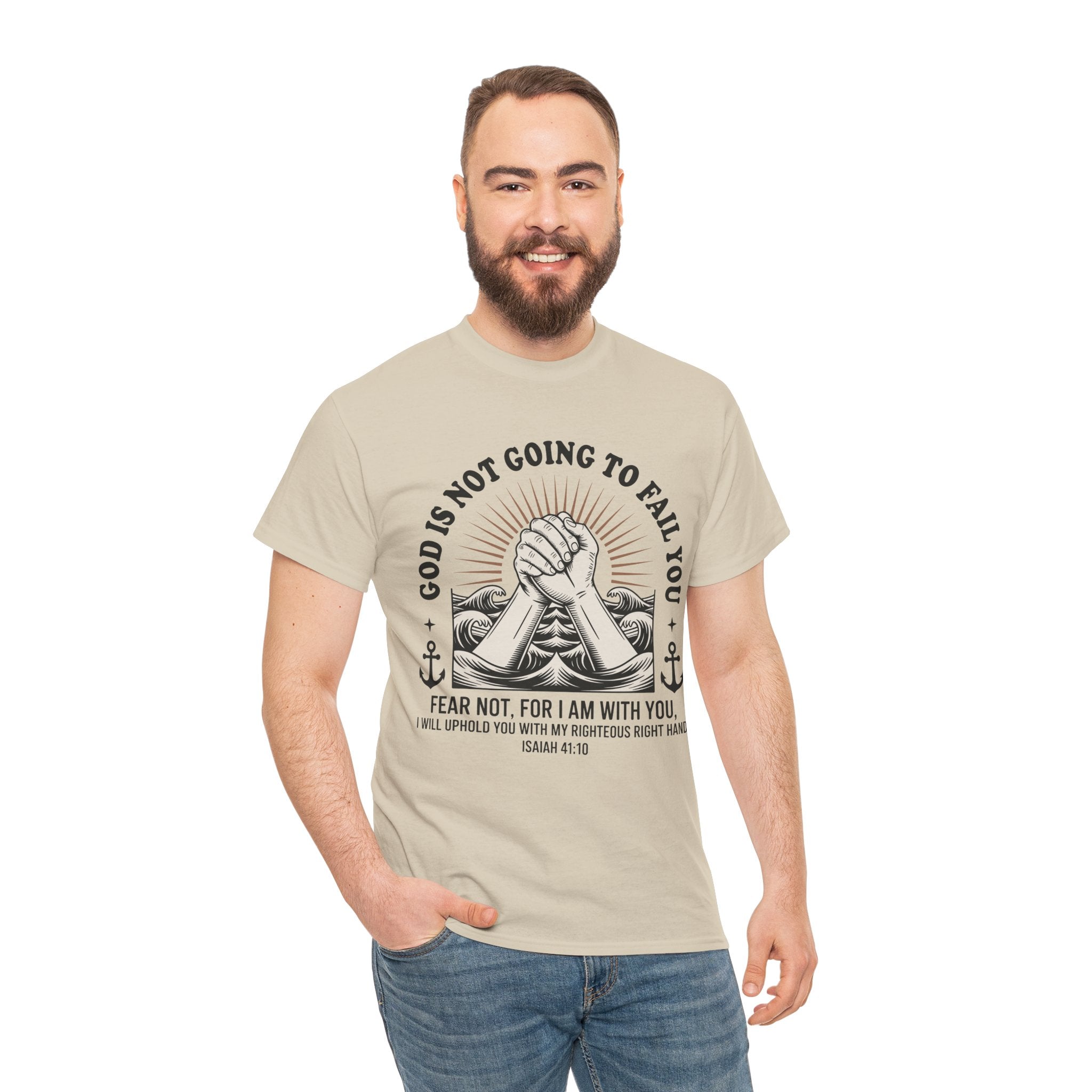 Isaiah 41:10 "Fear Not, For I Am With You" T-Shirt — Clasped Hands Rising from Waves Christian Unisex Cotton Tee