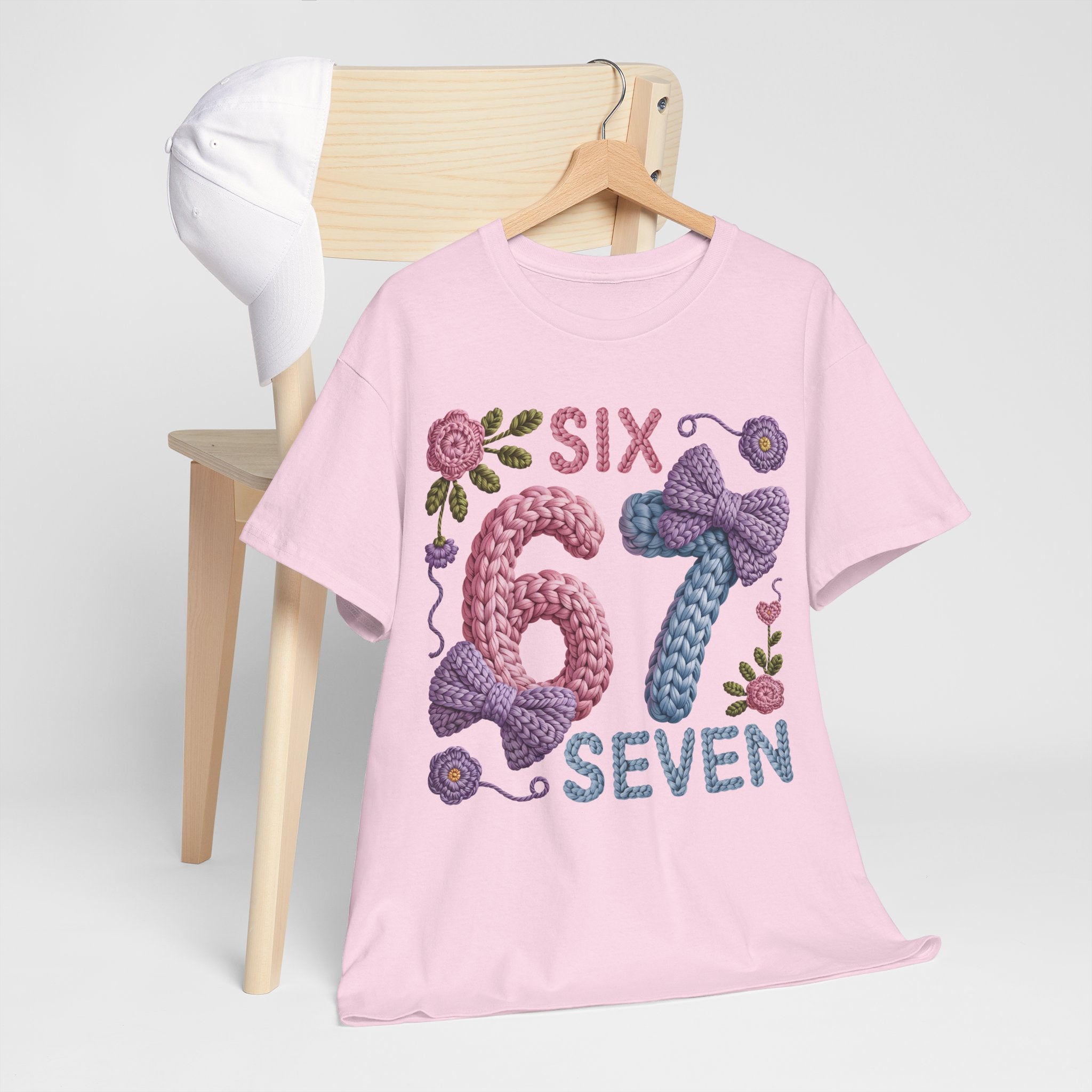 Pastel Crochet Numbers 6 & 7 Tee — Faux-Yarn Bows & Flowers. Unisex Cotton Tee