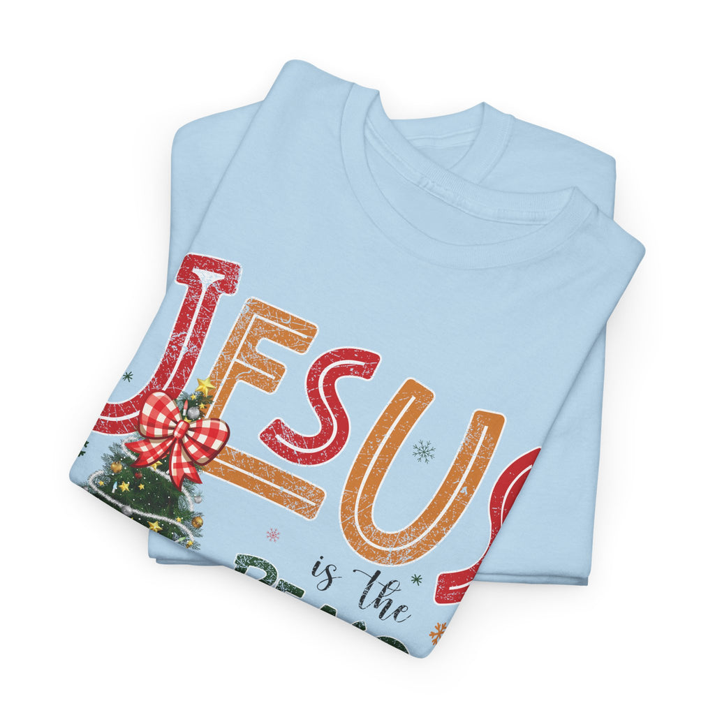 Jesus Is the Reason for the Season Christmas T-Shirt — Plaid Bow Tree..Unisex Cotton Tee