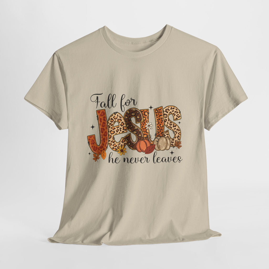 JESUS Leopard Print Fall T-Shirt — Pumpkins, Leaves & Floral Christian Unisex Cotton Tee