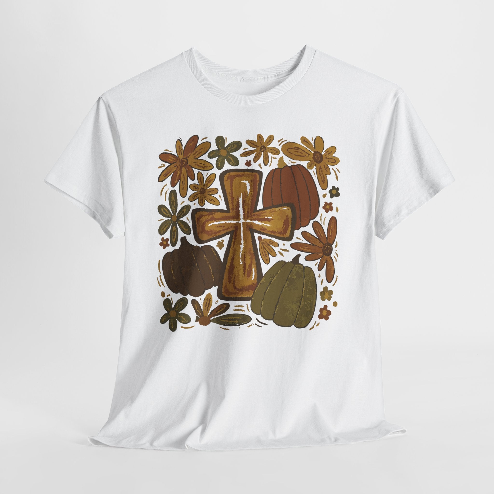 Autumn Cross Tee — Rustic Pumpkin & Fall Floral Christian Unisaex Cotton T-Shirt