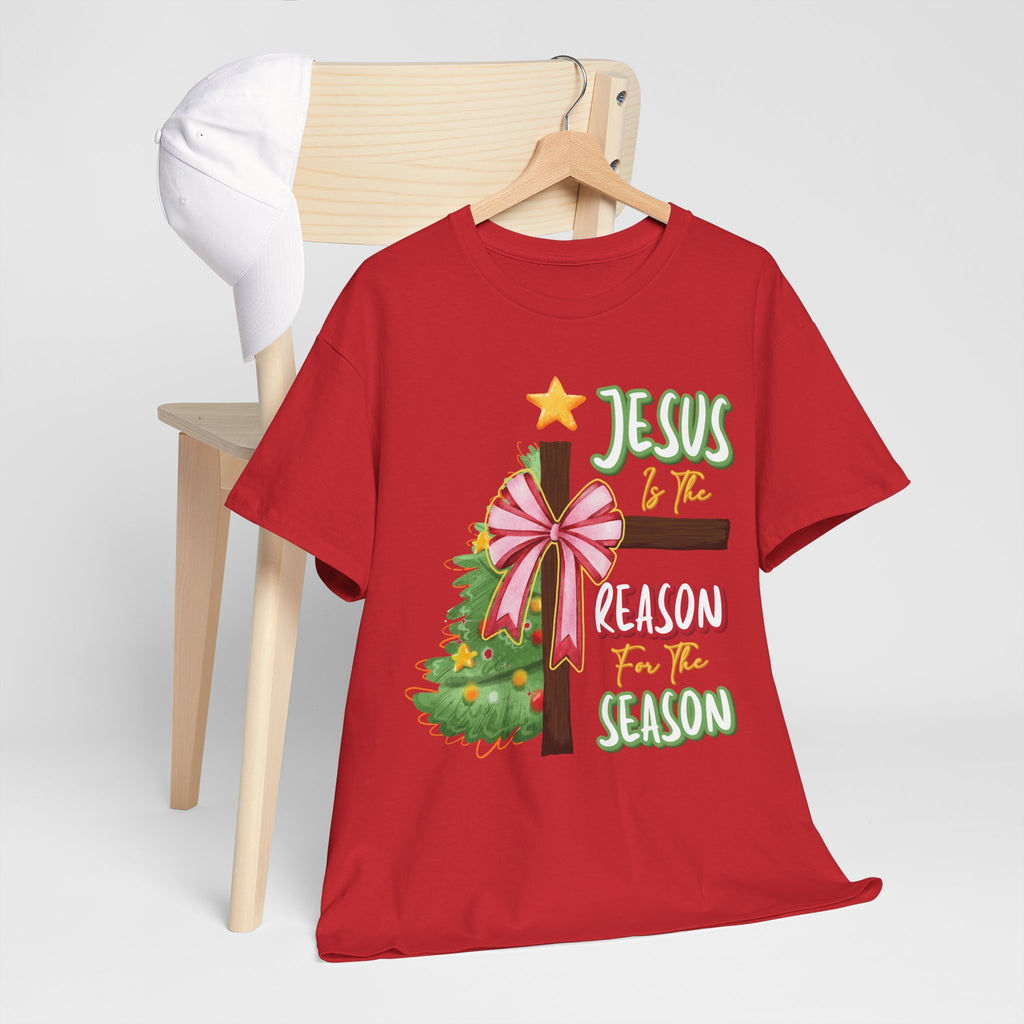 Jesus Is the Reason for the Season Christmas Tee — Cross with Pink Bow & Tree. Unisex Cotton Tee