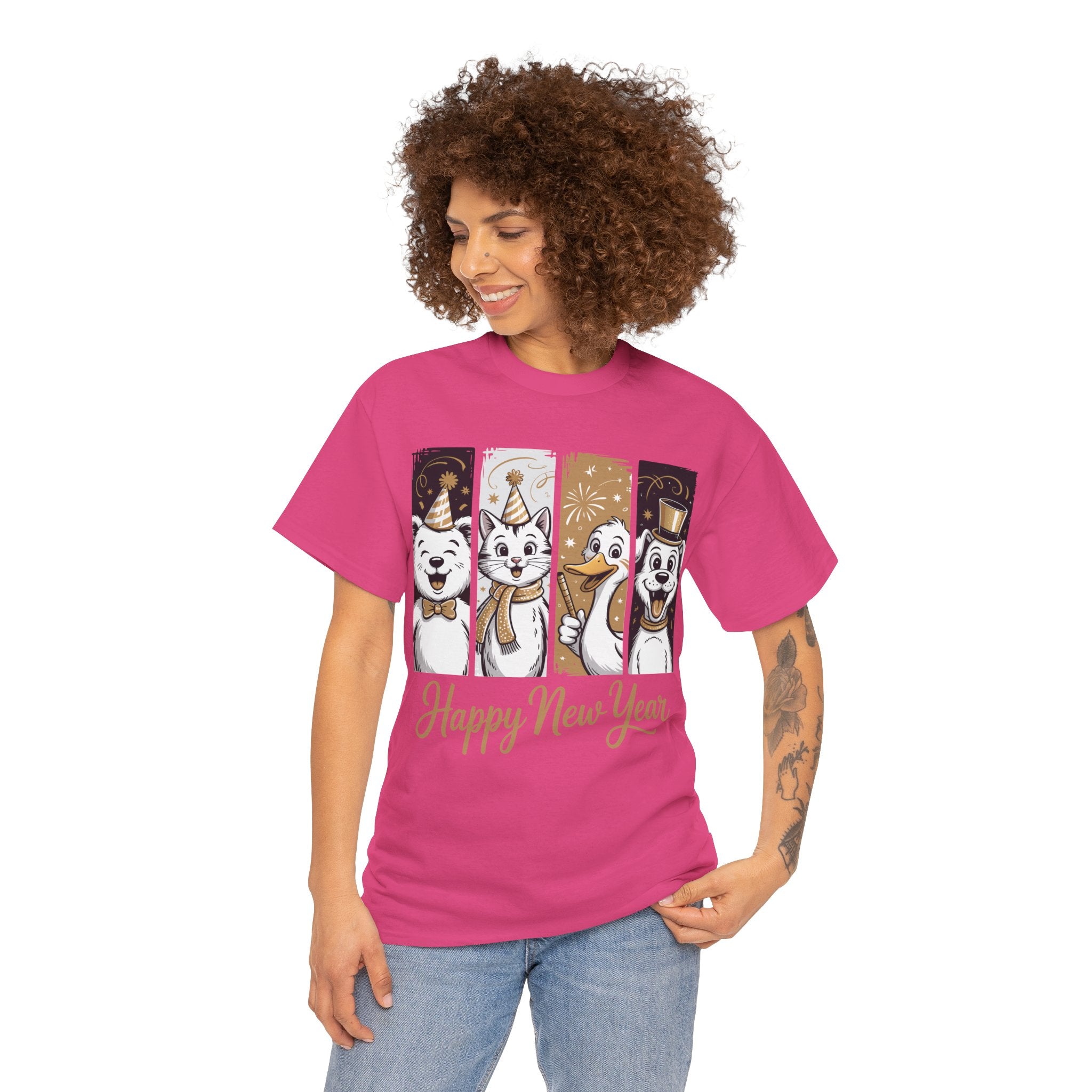 Happy New Year Party Animals T-Shirt — Cute Smiling Animals in Party Hats & Gold Fireworks..Unisex Cotton Tee