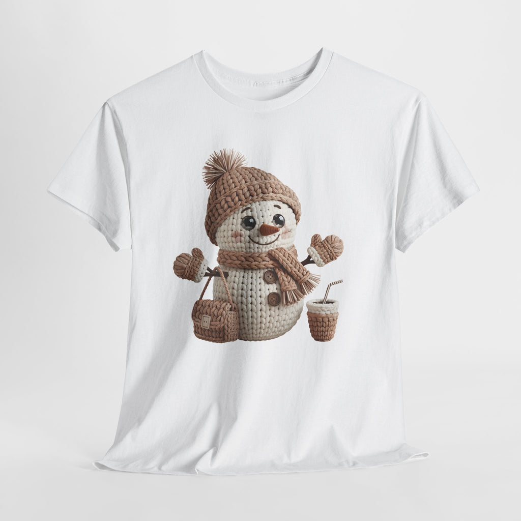Snowman Knit‑Style Graphic Tee — Cute Faux‑Yarn Snowman with Hat, Scarf & Mittens.Unisex Cotton Tee
