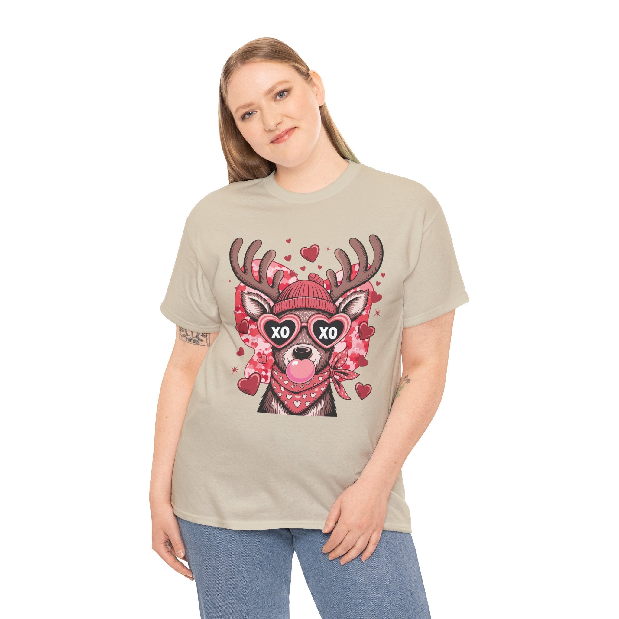 Valentine Deer Tee — Cute XO Heart Glasses, Beanie & Scarf Unisex Cotton Tshirt