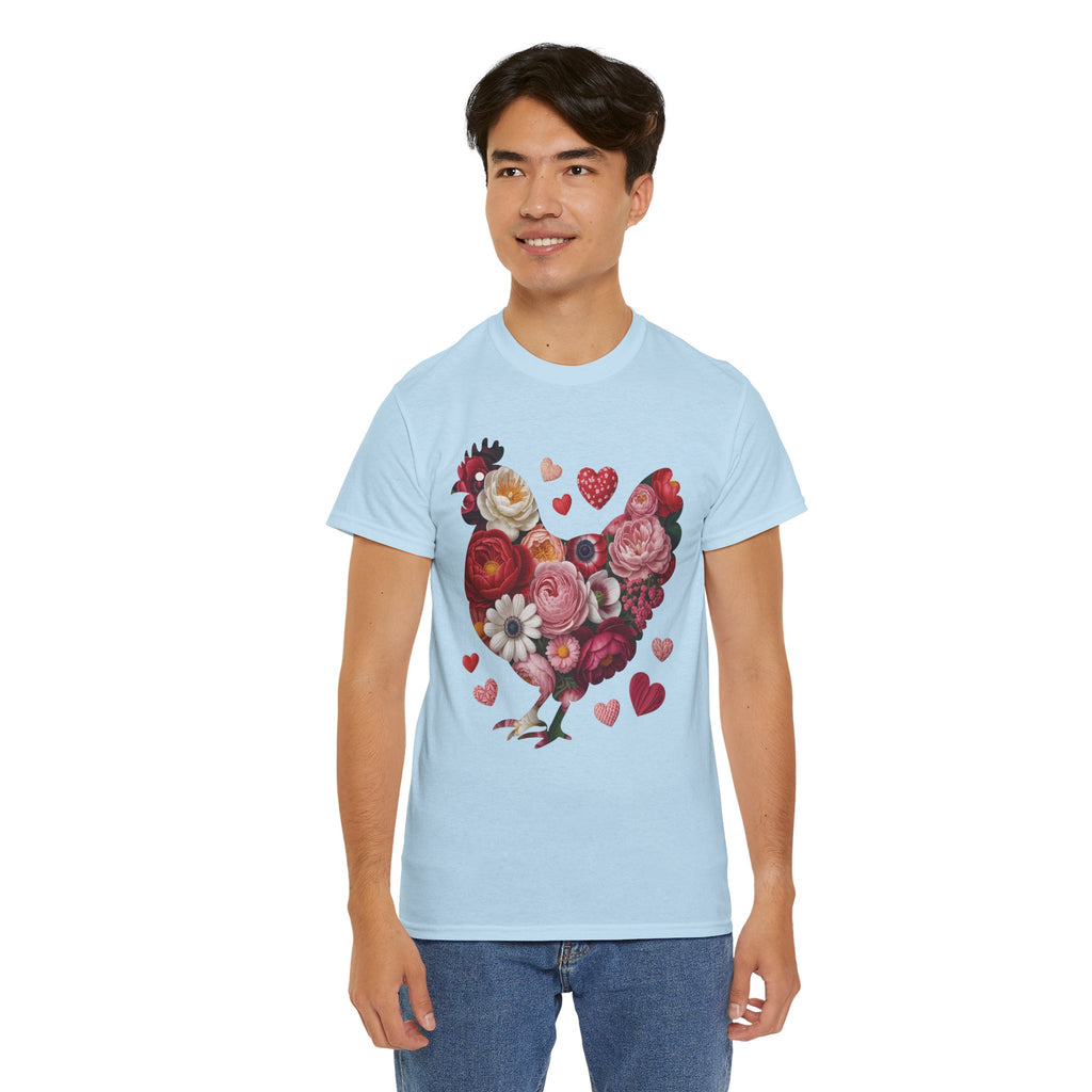Floral Chicken Heart Tee — Red & Pink Flower Silhouette Unisex Cotton Tee