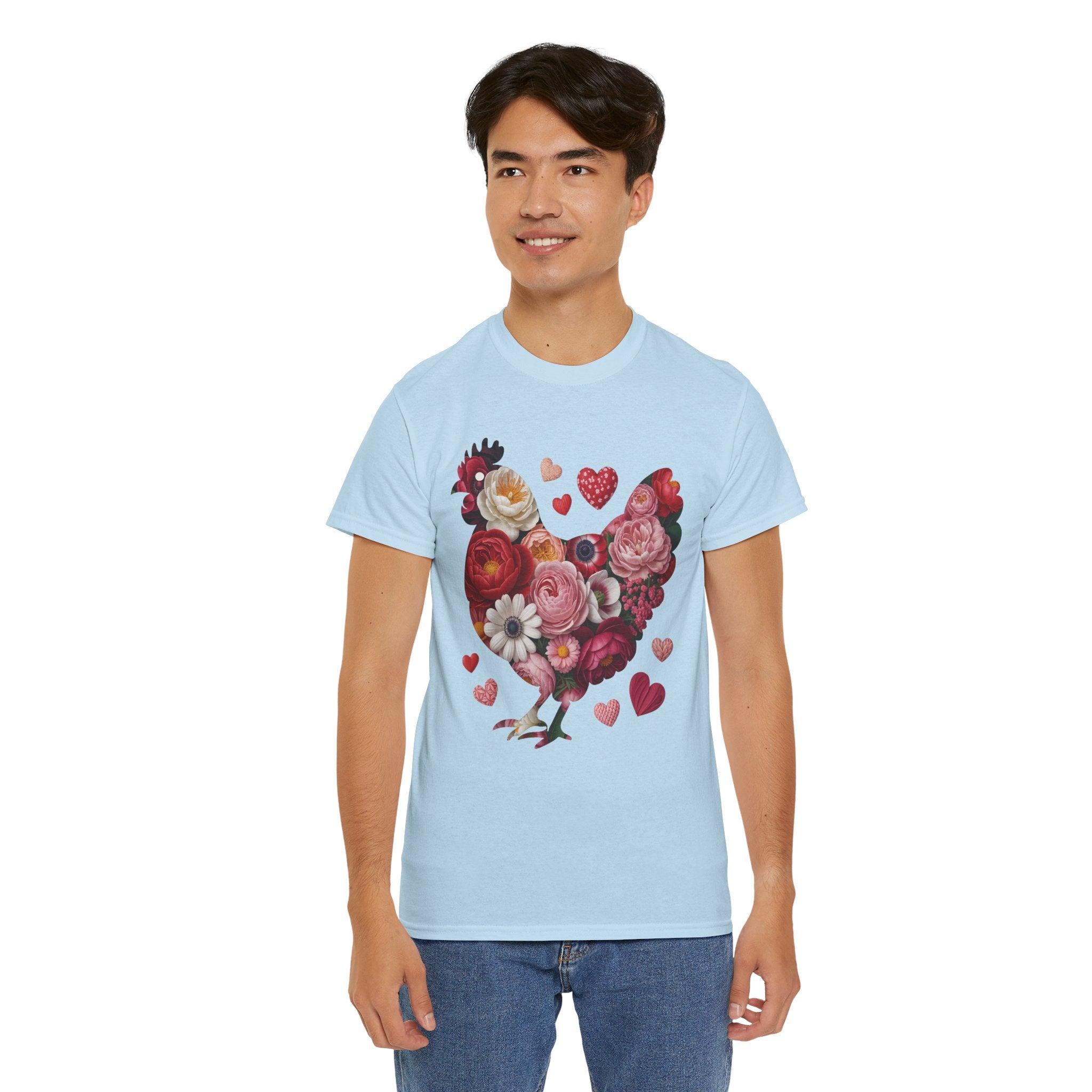 Floral Chicken Heart Tee — Red & Pink Flower Silhouette Unisex Cotton Tee