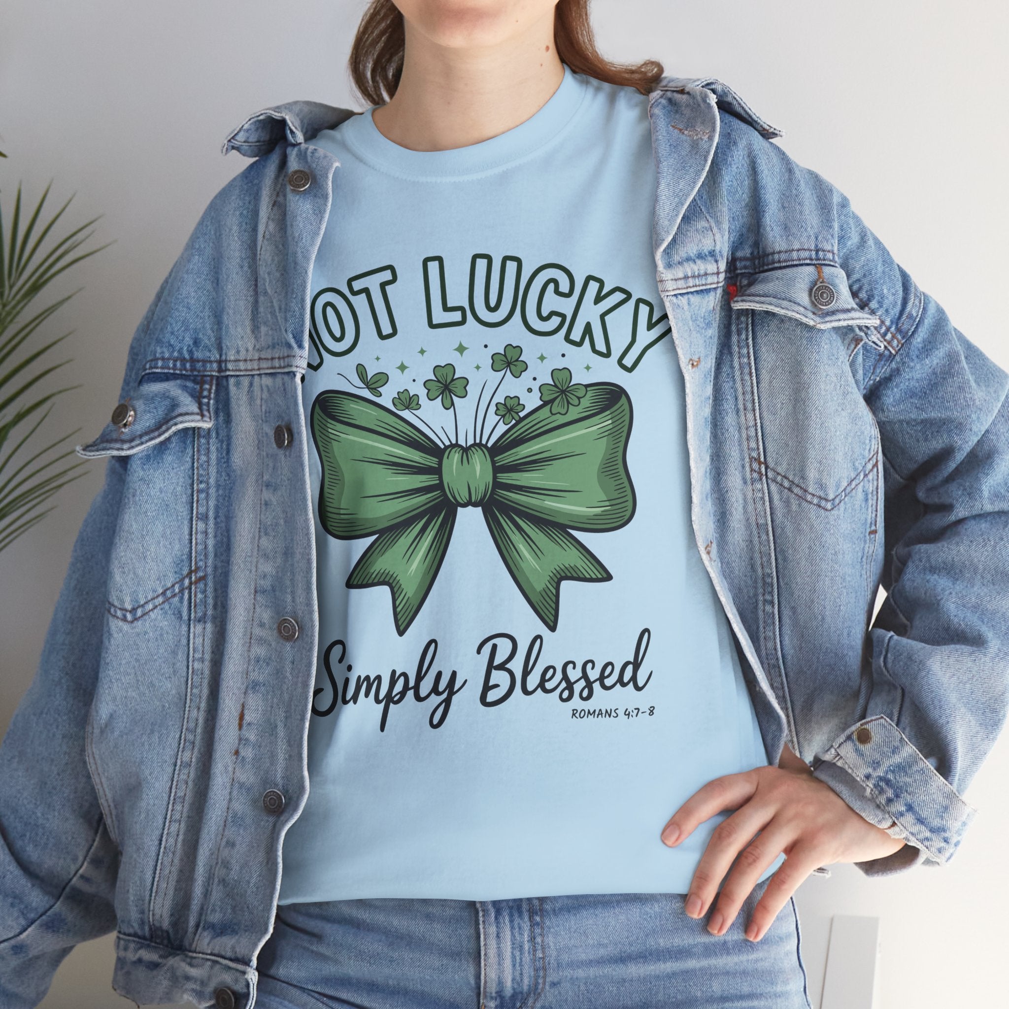 Not Lucky, Simply Blessed T-Shirt — Green Bow & Clovers St. Patrick’s Unisex Cotton Tee
