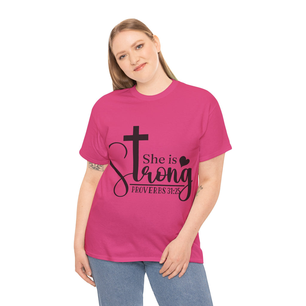 Proverbs 31:25 'She is Strong' T-Shirt – Christian Cross & Heart Unisex Cotton Tee