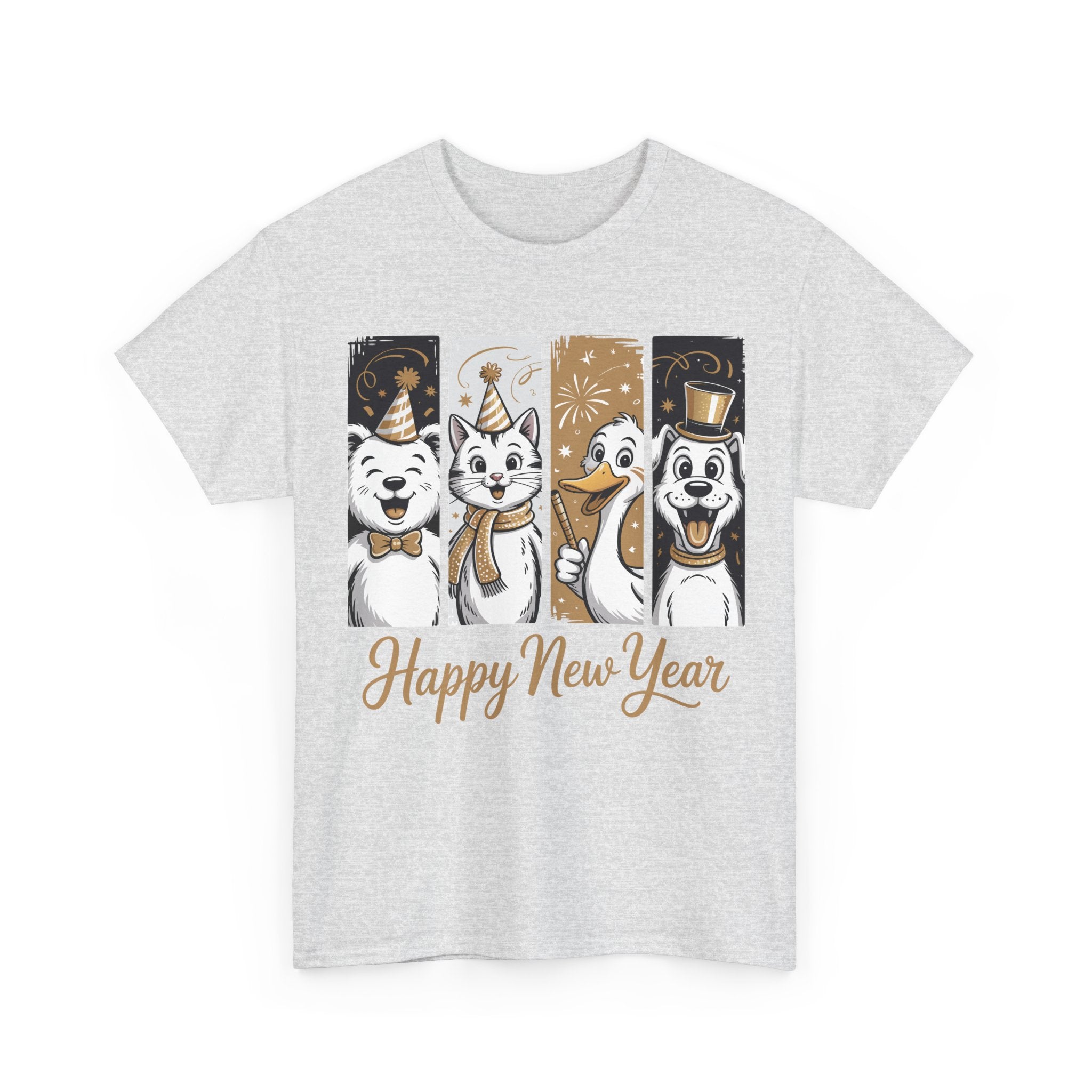 Happy New Year Party Animals T-Shirt — Cute Smiling Animals in Party Hats & Gold Fireworks..Unisex Cotton Tee