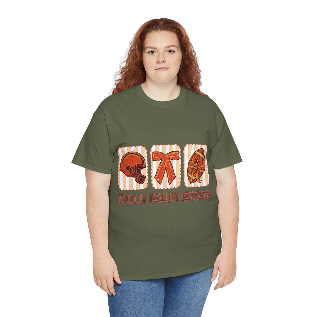 Touch Down Season Football Tee — Striped Fall Helmet & Bow Design Unisex Cotton Tee