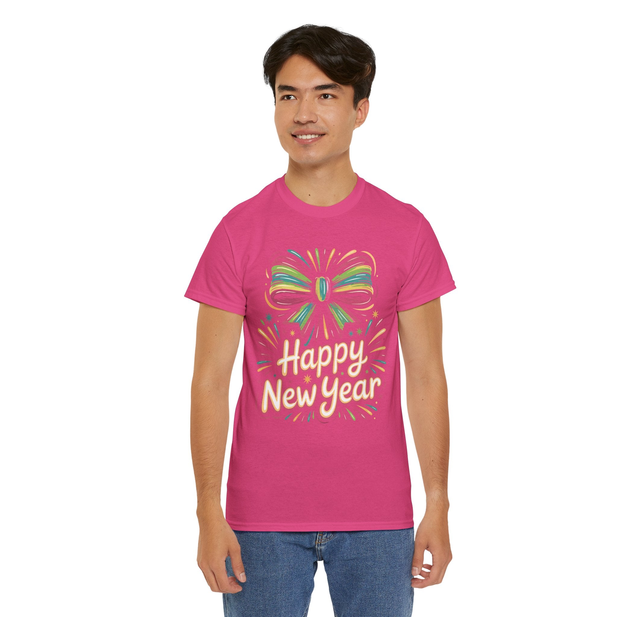 Happy New Year Pastel Tee — Rainbow Bow & Fireworks Celebration Unisex Cotton Tshirt