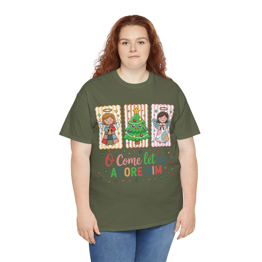 O Come Let Us Adore Him Christmas Tee — Smiling Angels & Happy Tree..Unisex Cotton Tee