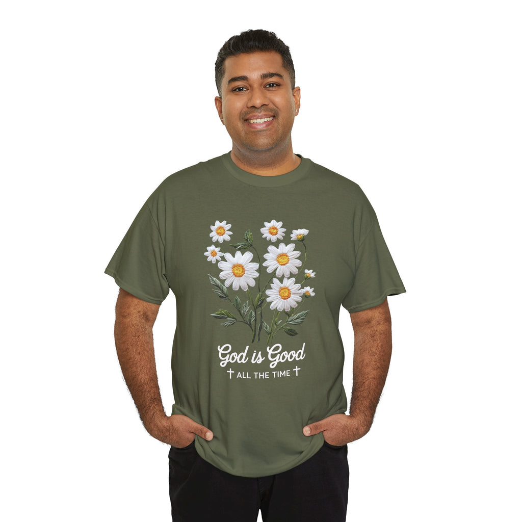 God Is Good All The Time Embroidered Daisy Unisex Cotton Tee