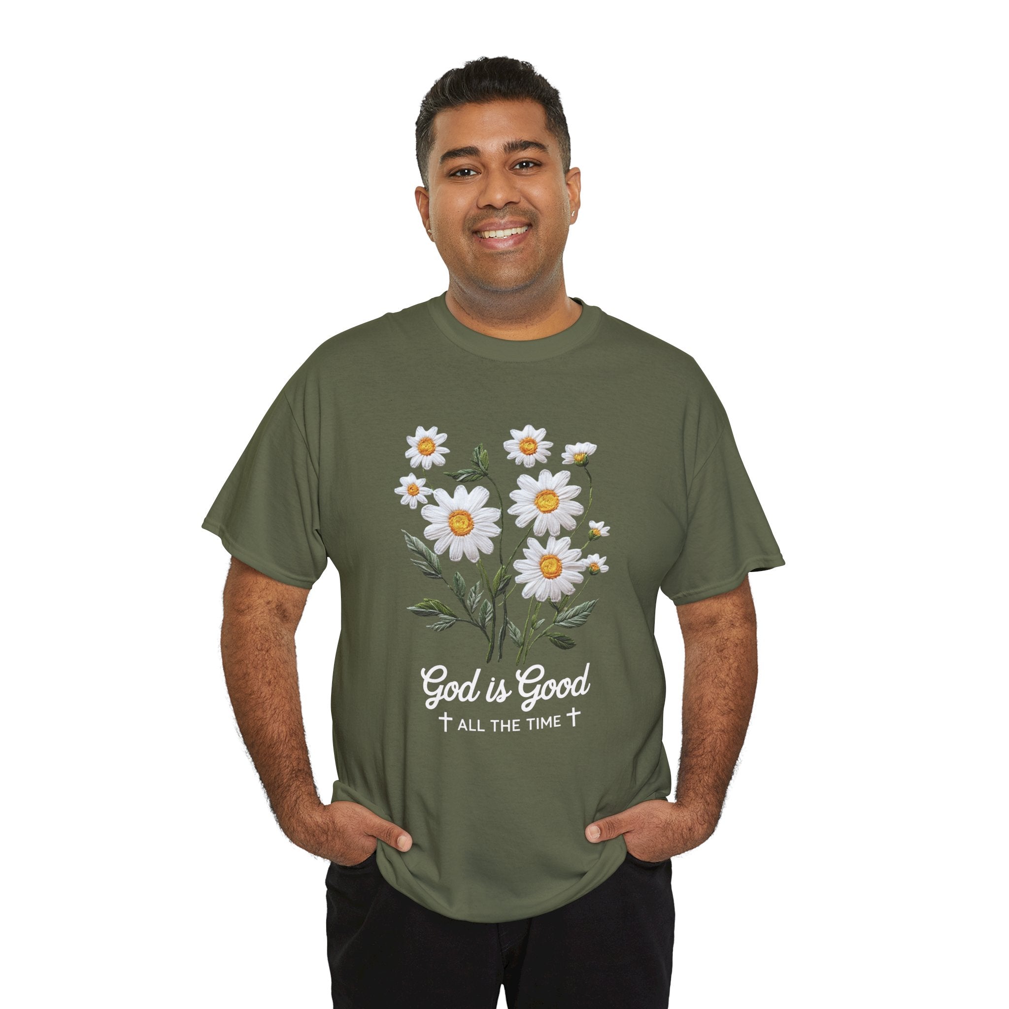 God Is Good All The Time Embroidered Daisy Unisex Cotton Tee