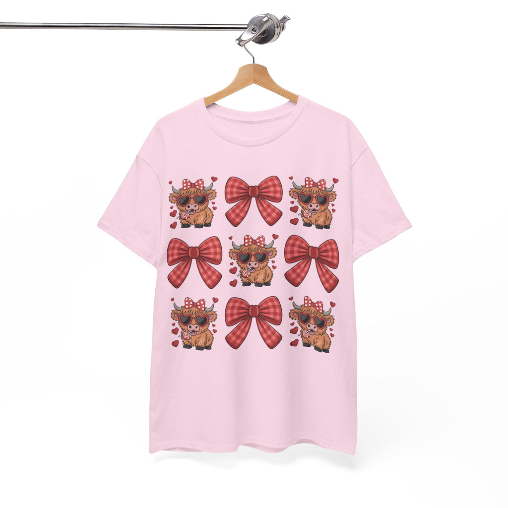 Valentine Cow Checkered Tee — Fluffy Cows with Heart Sunglasses & Red Bows..Unisex Cotton Tee