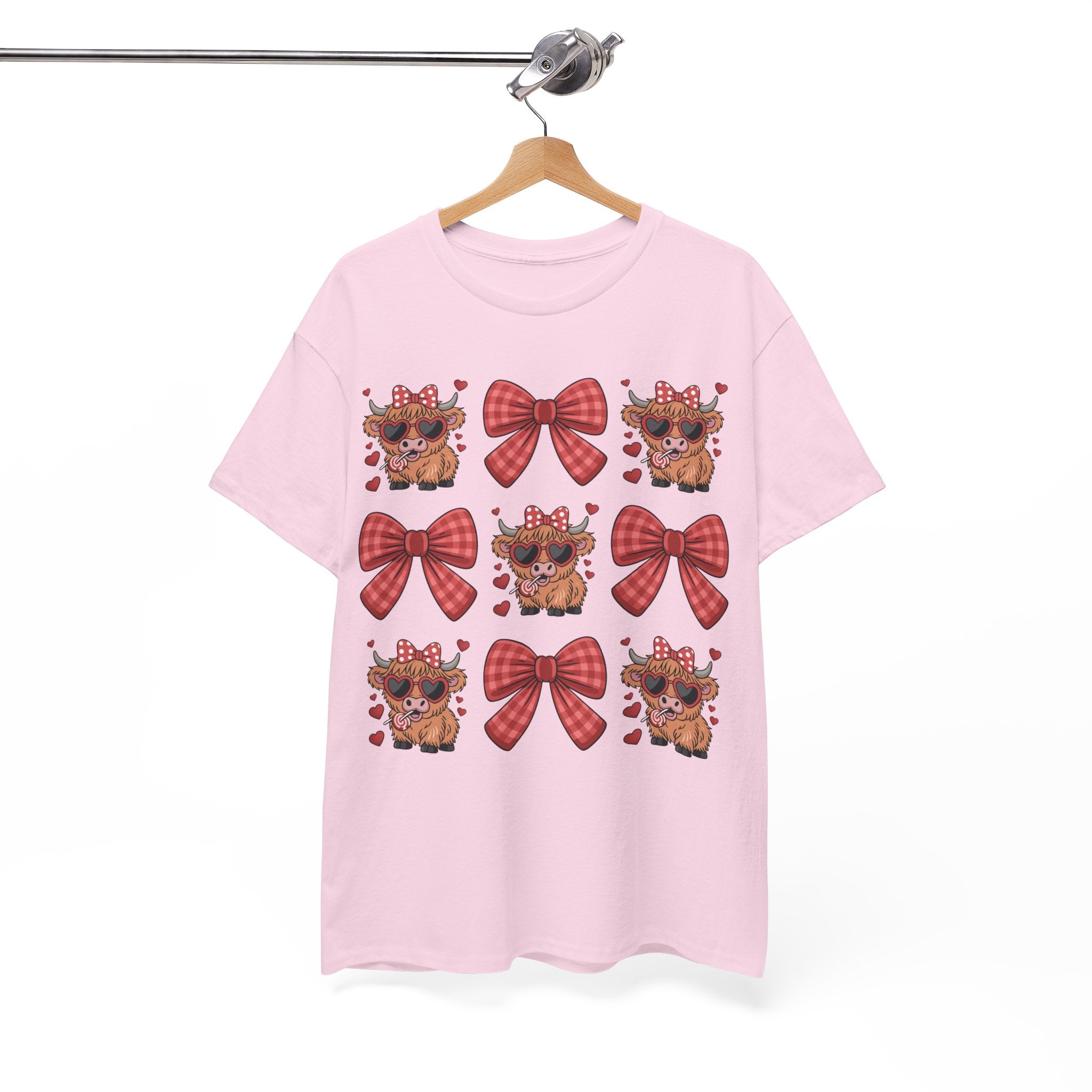 Valentine Cow Checkered Tee — Fluffy Cows with Heart Sunglasses & Red Bows..Unisex Cotton Tee