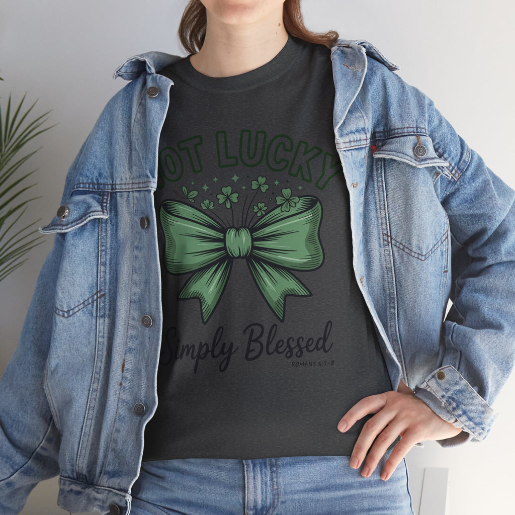 Not Lucky, Simply Blessed T-Shirt — Green Bow & Clovers St. Patrick’s Unisex Cotton Tee