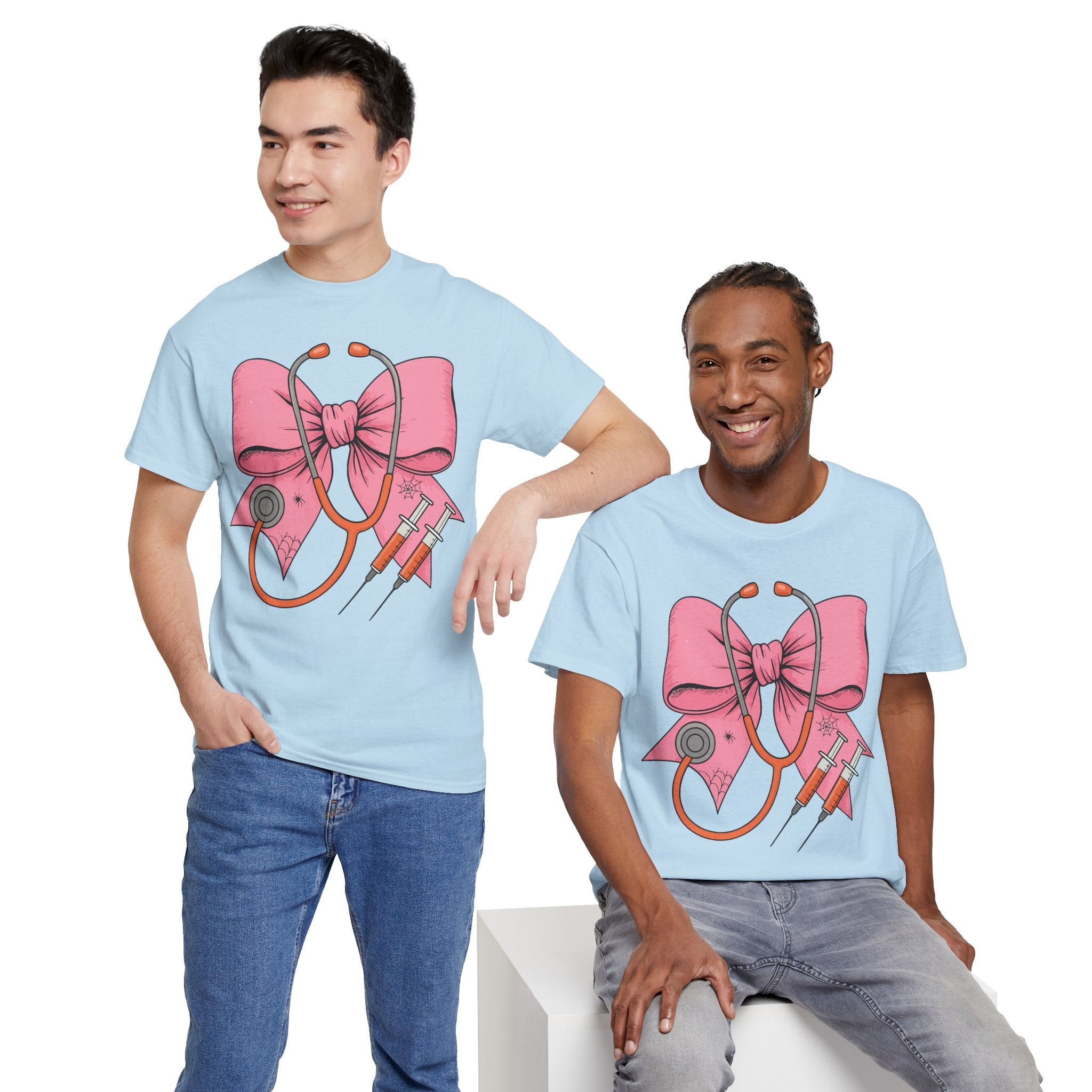 Halloween Nurse T‑Shirt — Pink Nurse Bow with Stethoscope, Syringes & Spider Webs..Unisex Cotton Tee