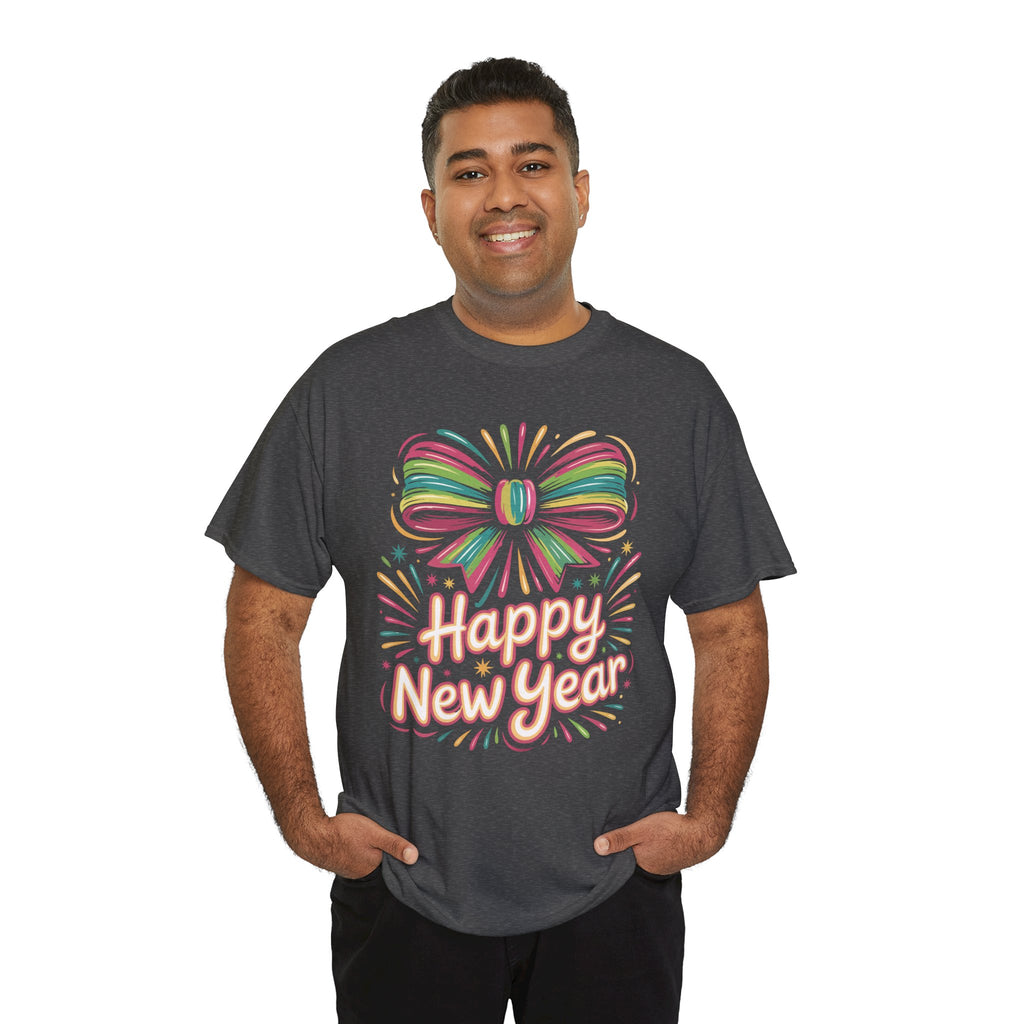Happy New Year Pastel Tee — Rainbow Bow & Fireworks Celebration Unisex Cotton Tshirt