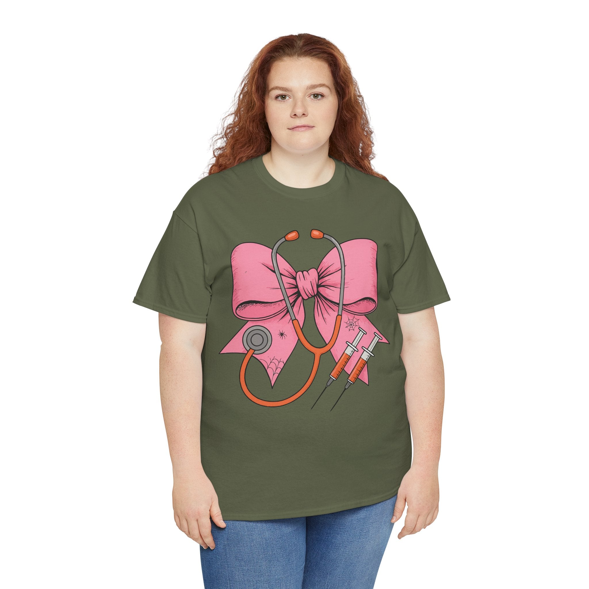 Halloween Nurse T‑Shirt — Pink Nurse Bow with Stethoscope, Syringes & Spider Webs..Unisex Cotton Tee