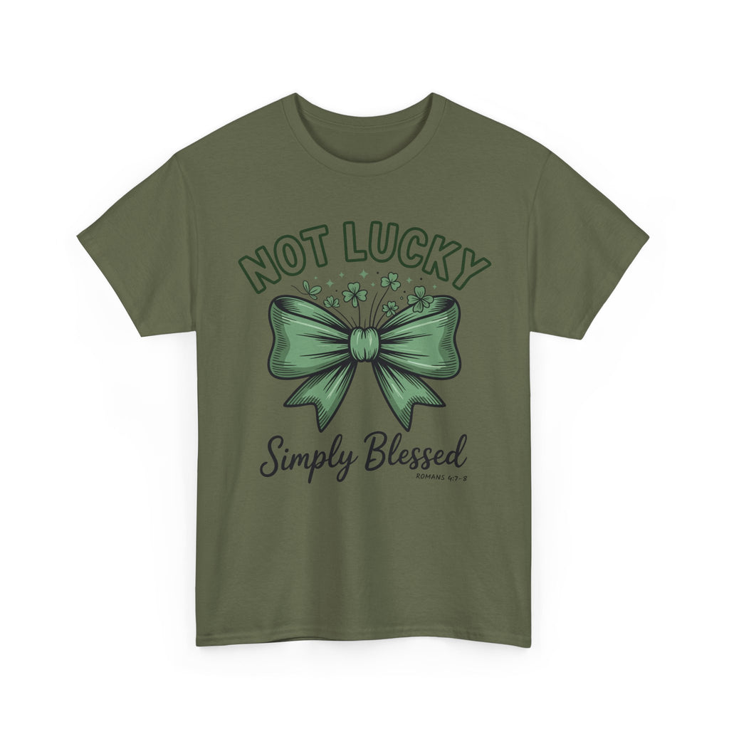 Not Lucky, Simply Blessed T-Shirt — Green Bow & Clovers St. Patrick’s Unisex Cotton Tee