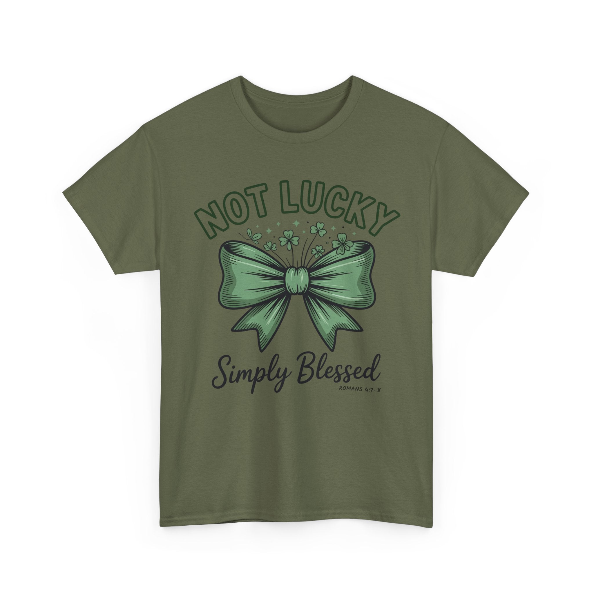 Not Lucky, Simply Blessed T-Shirt — Green Bow & Clovers St. Patrick’s Unisex Cotton Tee