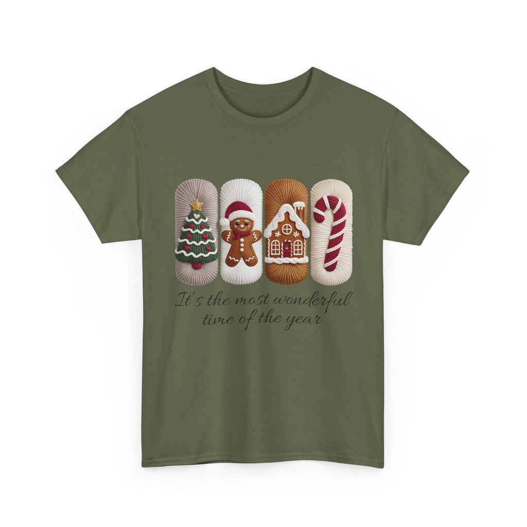 Christmas Faux-Yarn Tree Tee — Gingerbread House & Candy Cane Holiday Unisex Cotton T-Shirt