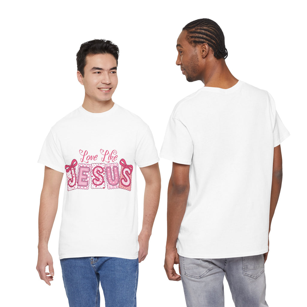 Love Like Jesus Patchwork Tee — Pink Stitched Heart Graphic.Unisex Cotton Tee