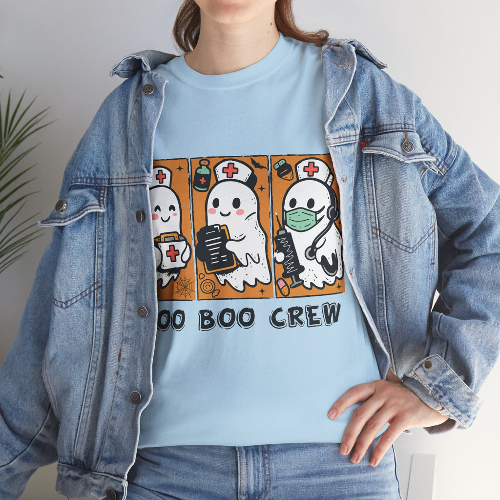Halloween Nurse T-Shirt — Ghost Nurses Holding Medical Tools on Orange Unisec Cotton Tee