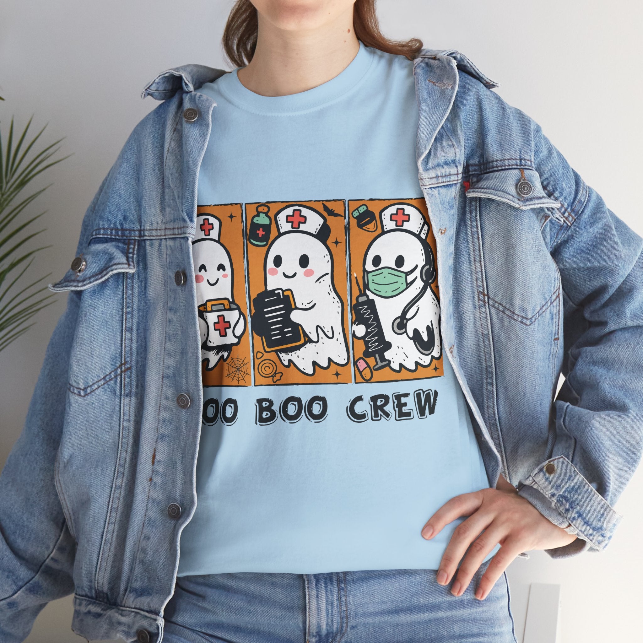 Halloween Nurse T-Shirt — Ghost Nurses Holding Medical Tools on Orange Unisec Cotton Tee