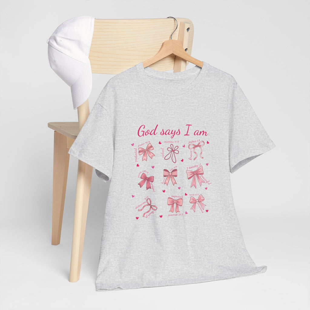 God Says I Am Pink Bow Tee — Faith-Based 'Loved, Brave, Strong' Unisex Cotton Shirt